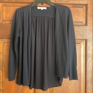 Loft knit with woven back cardigan. Size petite small in navy blue